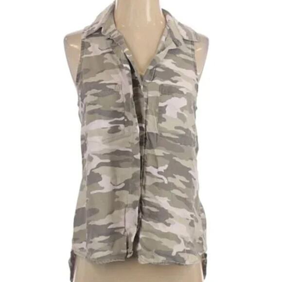 ANTHROPOLOGIE BELLA DAHL Green Cream Tan Camo Print Tank Top Button Blouse XS - Picture 8 of 9